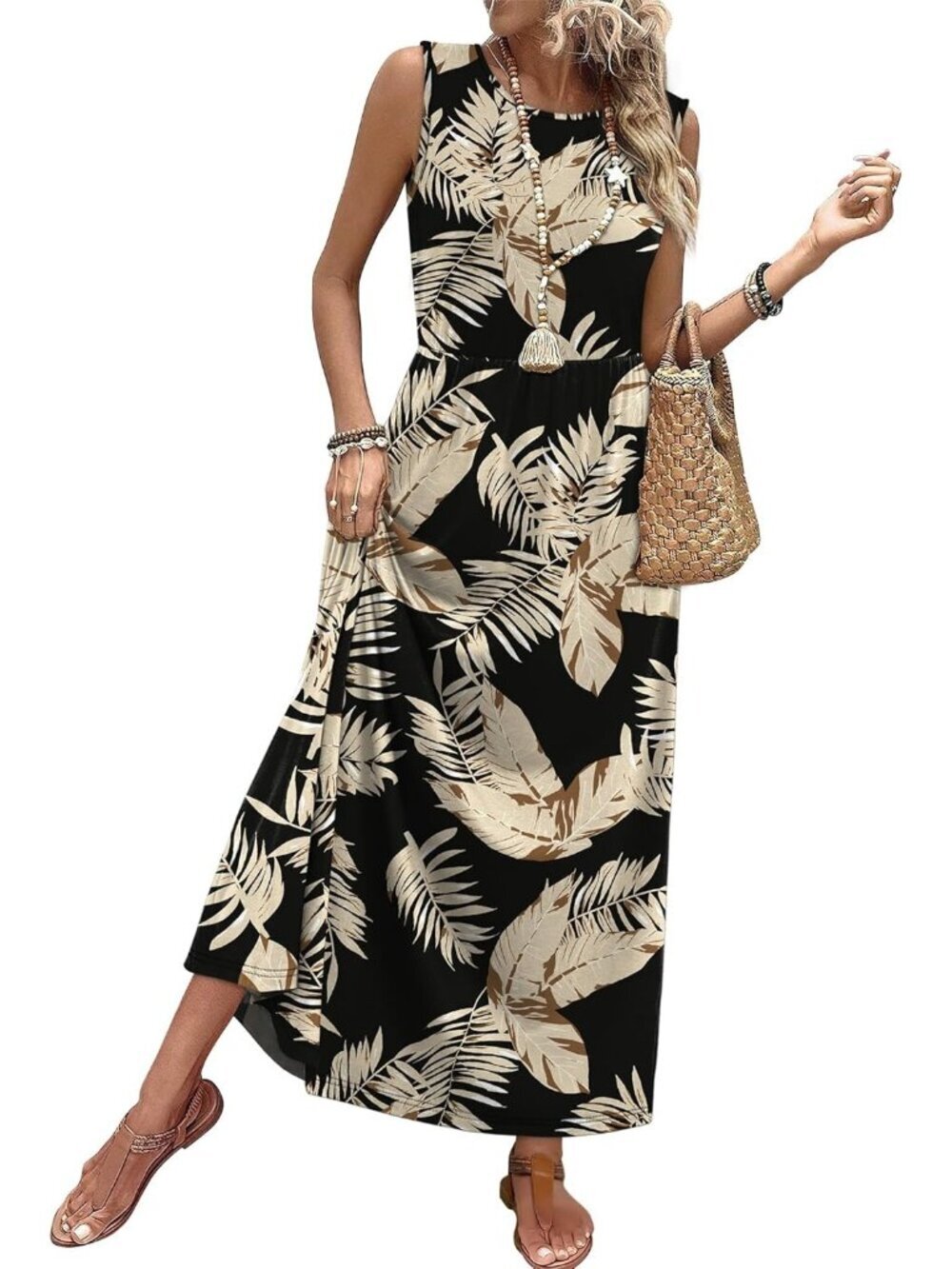 Women Black Beige Pull On A Line Sleeveless Sundresses with Pockets Maxi Dresses